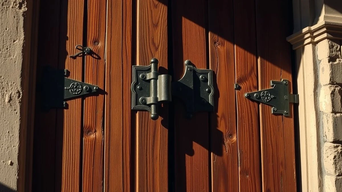 Puerta de madera de una iglesia con herrajes de hierro forjado, iluminada por la luz del atardecer