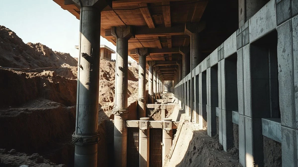 Illustrative image: excavation work with concrete pillars and steel bars in the light of sunset.