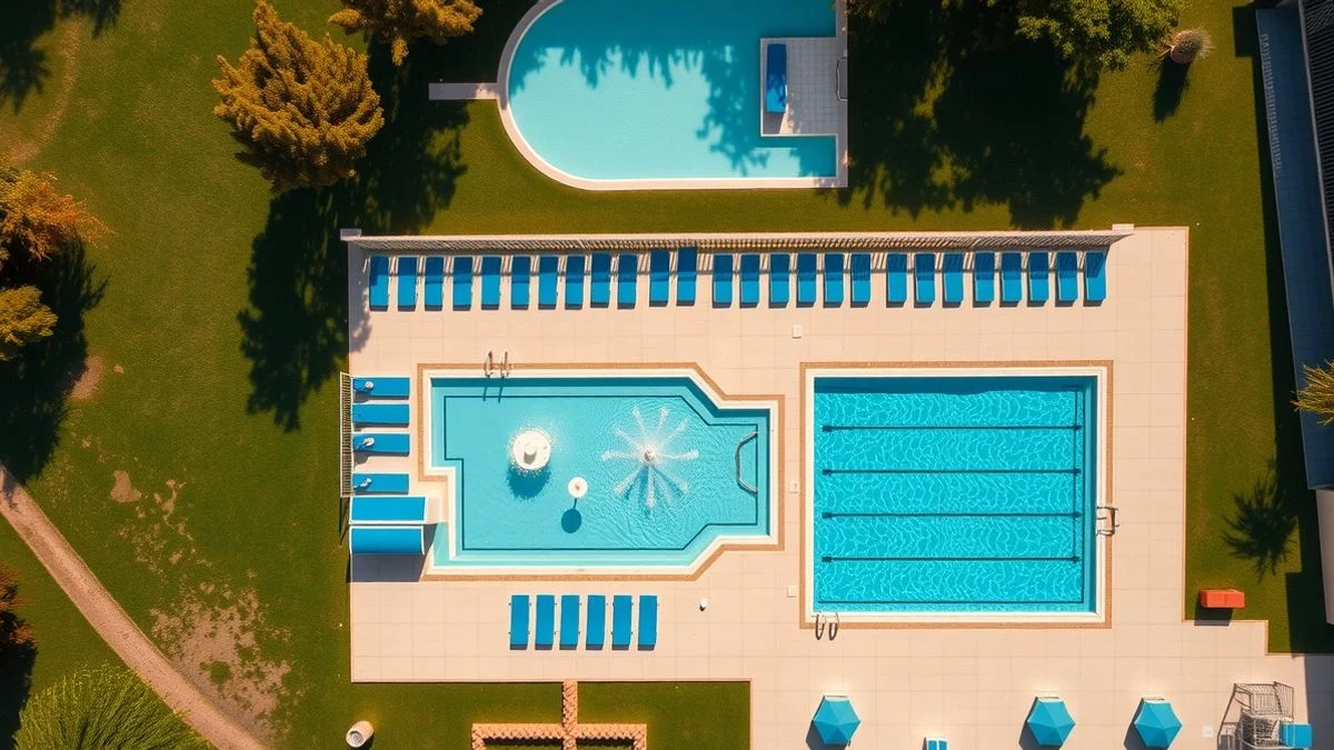 Imagen ilustrativa: vista cenital de una piscina exterior con hamacas y zona de agua, en un entorno verde