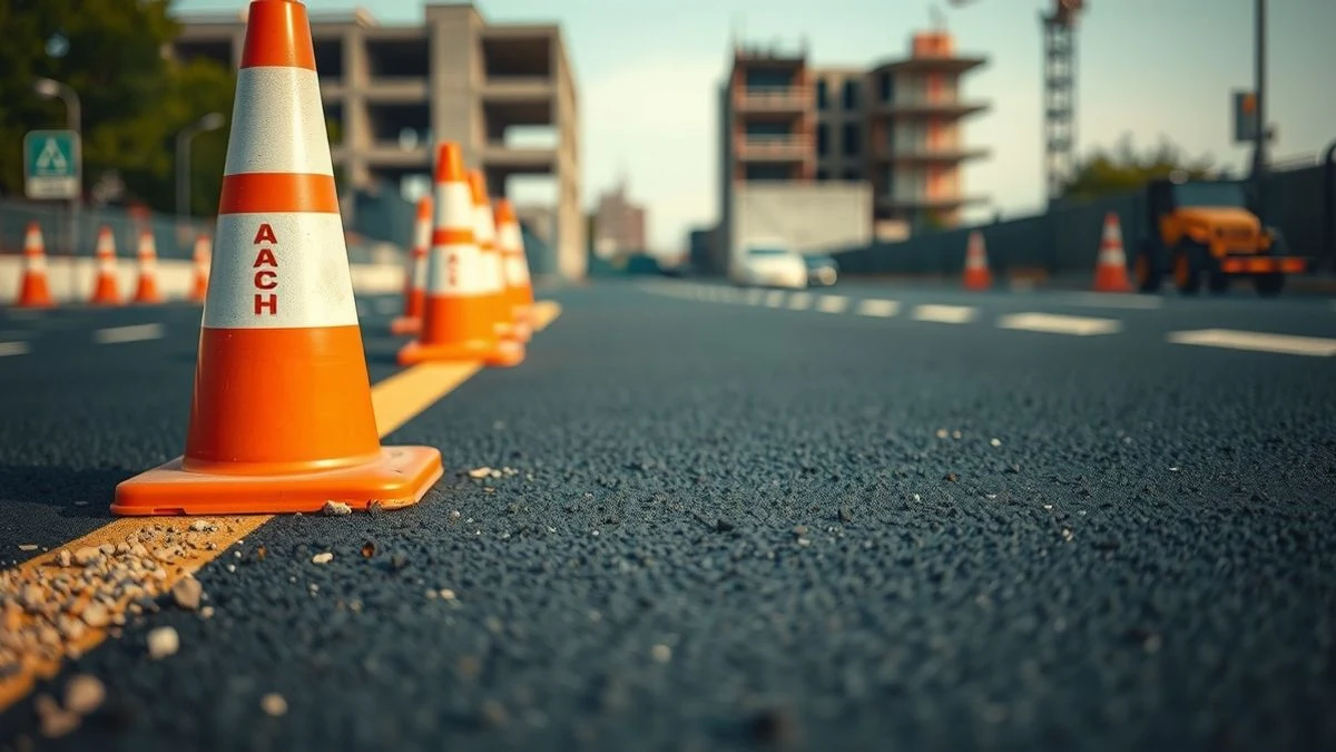 Illustrative image: detail of new asphalt and construction cones on a street under construction, with a crane in the background.