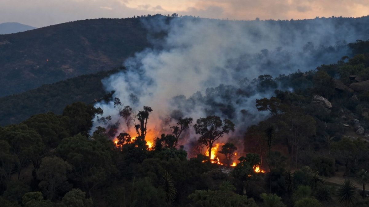 Imagen ilustrativa: humo y llamas en una zona forestal de montaña al atardecer
