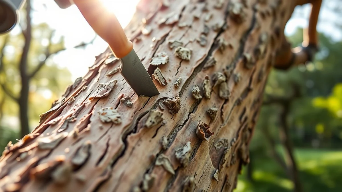Cork oak trunk with freshly extracted cork, knife and bark on the forest floor.