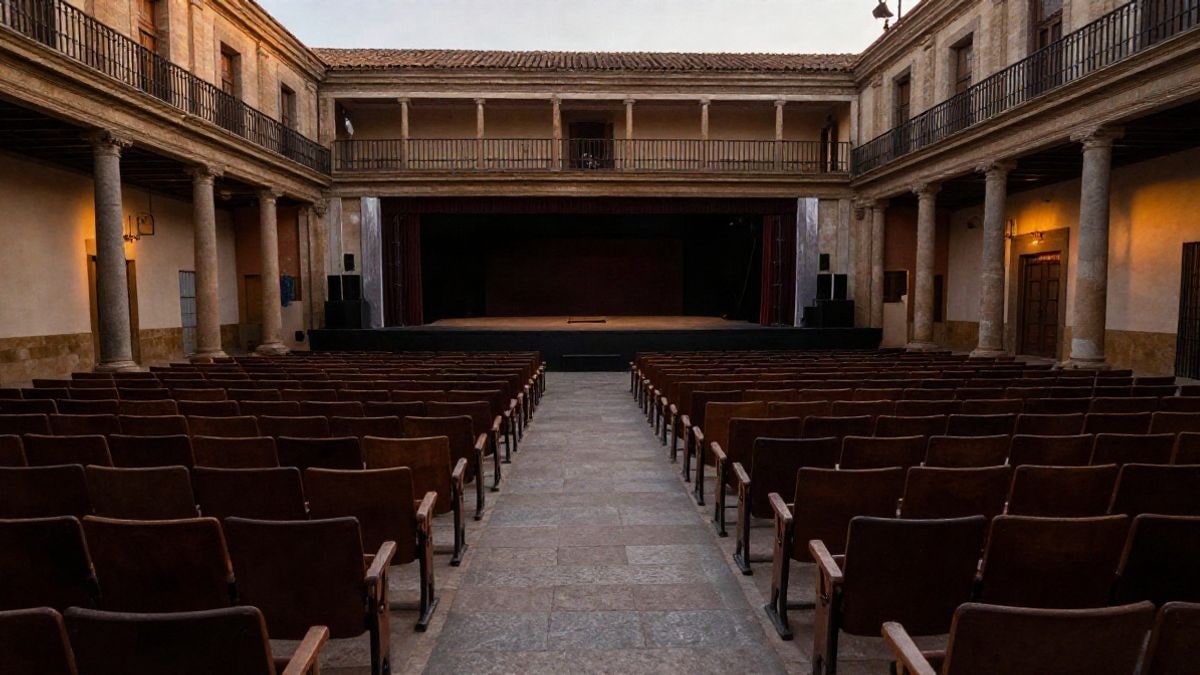 Imagen ilustrativa: interior de un teatro con butacas vacías y escenario iluminado