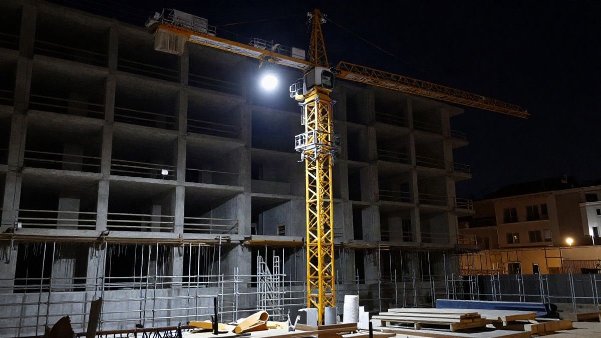 Illustrative image: crane and building under construction illuminated by lights at night