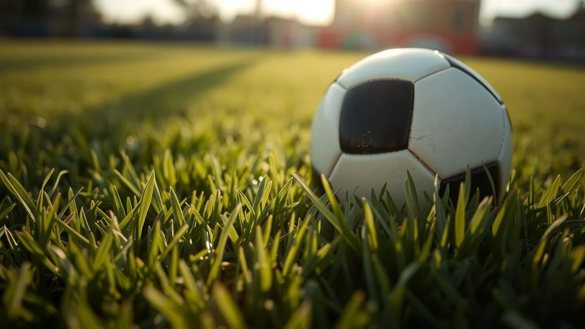 Primer plano del césped artificial con un balón de fútbol, luz de atardecer y sombras largas