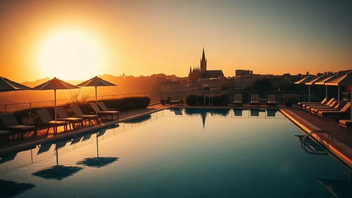 Imagen ilustrativa: piscina de un hotel con tumbonas al atardecer, con la silueta de una ciudad al fondo