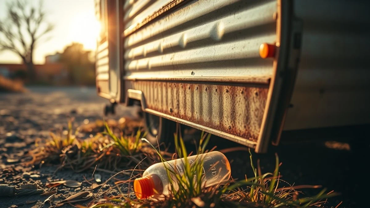 Detalle de la chapa oxidada de una caravana vieja aparcada en un solar con hierba seca y basura