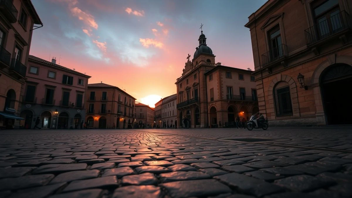 Illustrative image: a cobbled square at sunset with a crowd holding candles, orange and purple skies, no recognizable faces