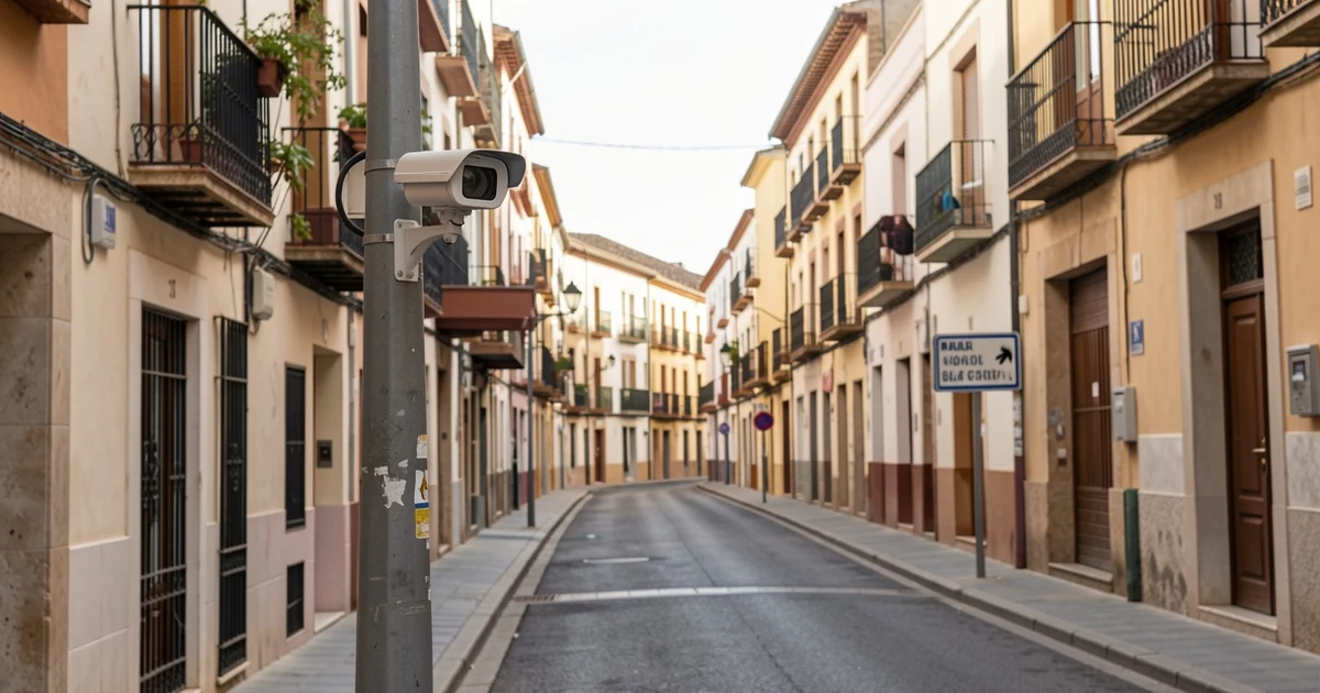 Traffic camera on a street in Málaga with Low Emission Zone sign