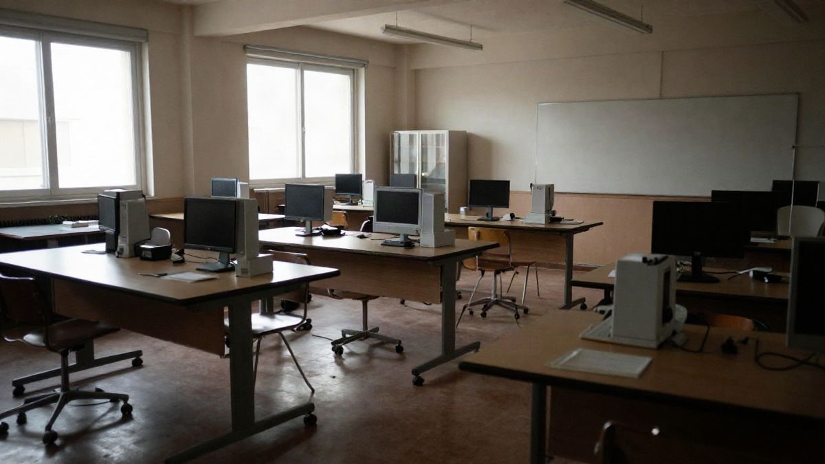 Imagen ilustrativa: un aula de formación profesional vacía con equipamiento técnico moderno y luz natural entrando por las ventanas.
