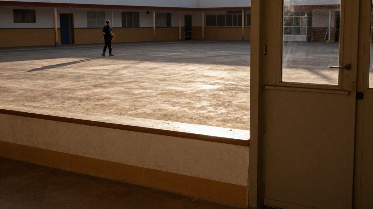 Imagen ilustrativa: patio escolar vacío al atardecer tras las obras de verano, con un operario de mantenimiento al fondo