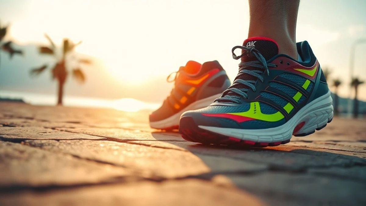 Imagen ilustrativa: zapatillas de running sobre un paseo marítimo al atardecer, con el mar y palmeras al fondo desenfocados