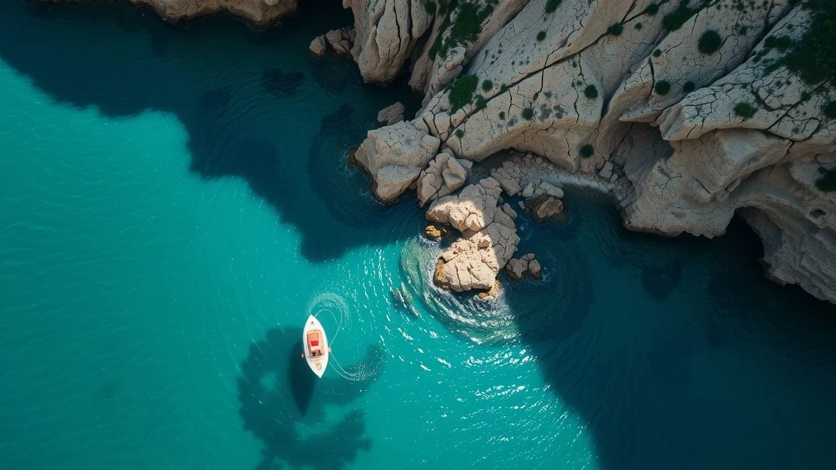Vista aérea de la Cala de la Doncella con un kayak en el agua y acantilados rocosos