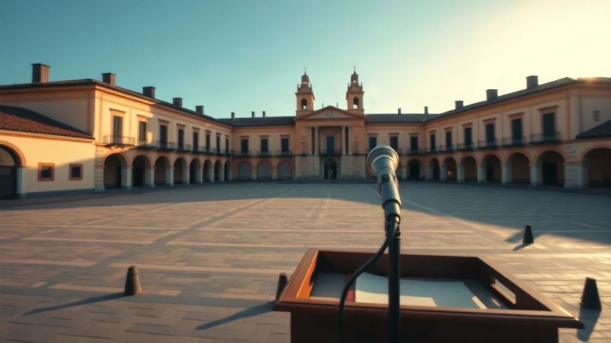 Imagen ilustrativa: un atril con micrófono en una plaza vacía al atardecer, con un edificio institucional desenfocado al fondo.