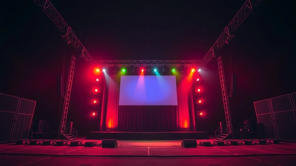 Illustrative image: empty stage lit with coloured lights in a night fairground