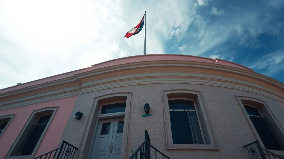 Imagen ilustrativa: fachada de un edificio municipal con bandera de Cruz Roja ondeando al atardecer