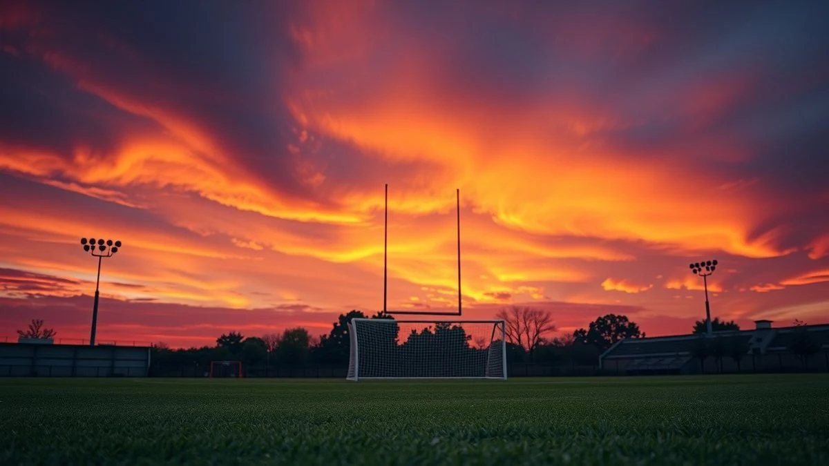 Campo de fútbol vacío al atardecer con una portería silueteada contra el cielo