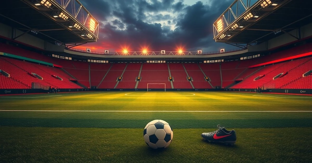 Balón y botas de fútbol sobre el césped de un estadio vacío al atardecer en Marbella