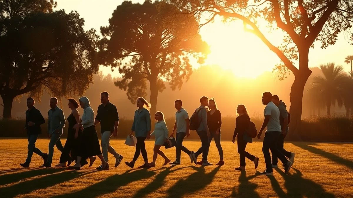 Illustrative image: silhouettes of a group walking in a park at sunset, with long shadows and warm light.