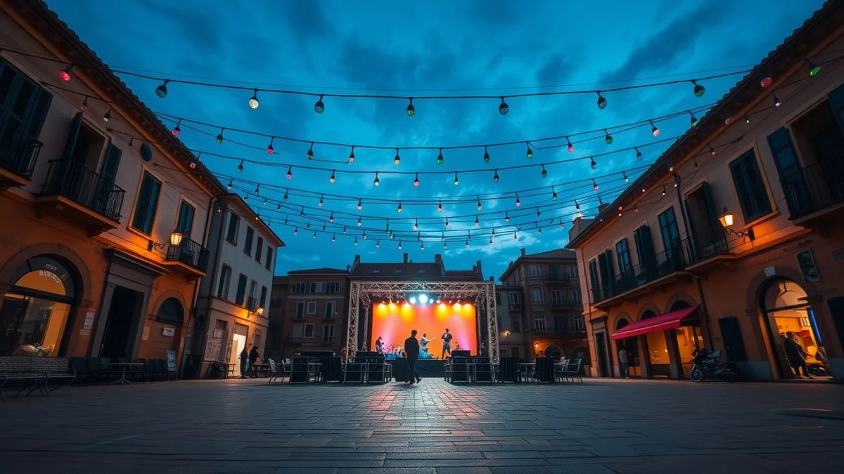 Illustrative image: a square decorated with colourful lights at sunset, with people engaging in outdoor sports activities