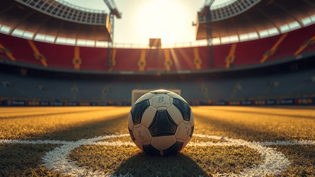 Imagen ilustrativa: un balón de fútbol en el punto central de un campo, con un estadio en obras al fondo.