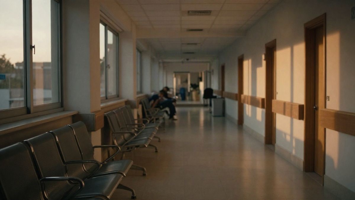 Imagen ilustrativa: pasillo de hospital vacío al atardecer con luz cálida entrando por una ventana