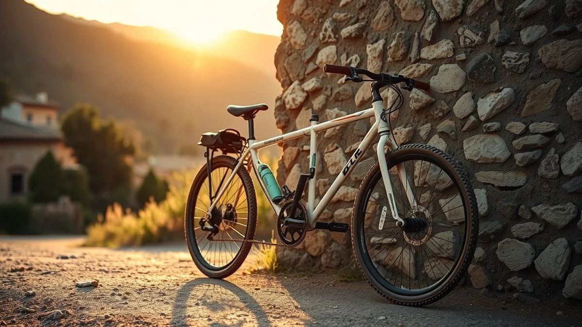 Imagen ilustrativa: bicicleta de gravel apoyada en un muro de piedra en el campo andaluz al atardecer