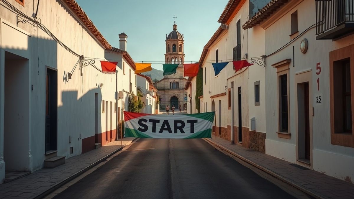 Illustrative image: street of an Andalusian village with a starting arch and flags, at sunset