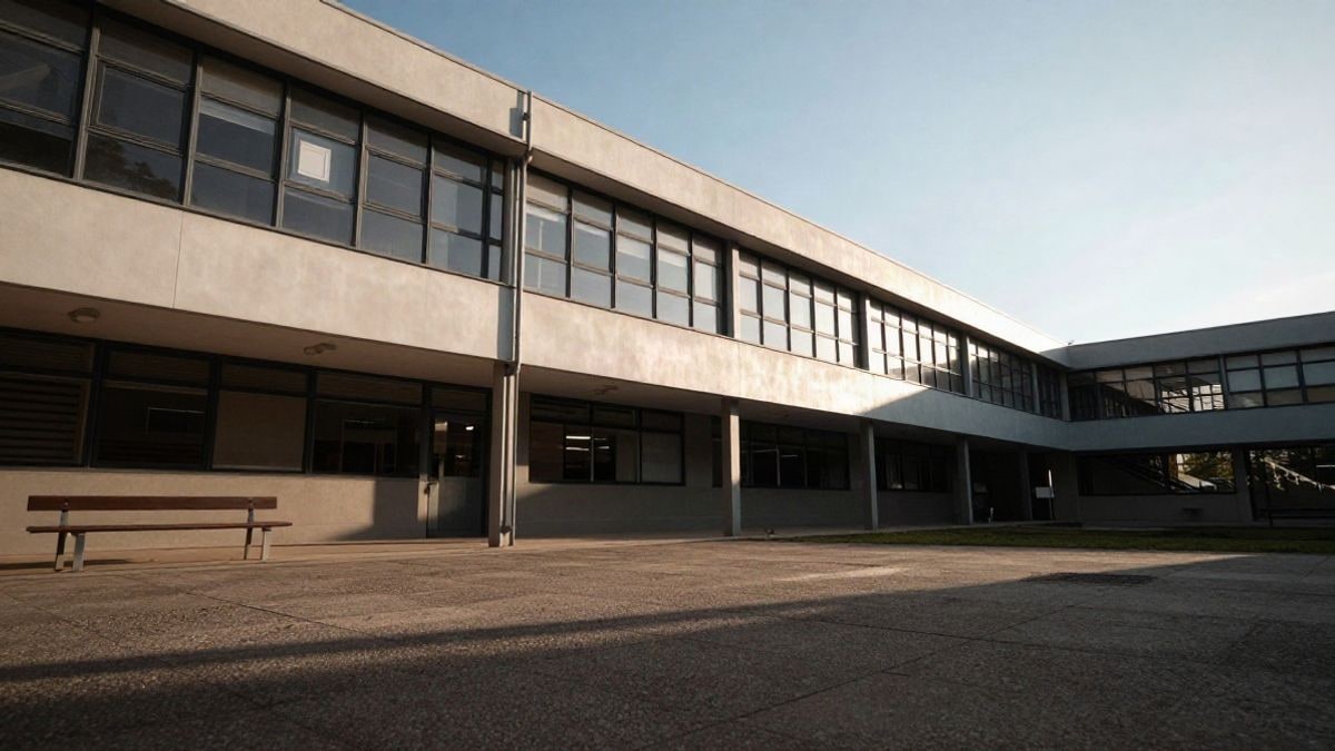 Imagen ilustrativa: ángulo bajo de un edificio escolar moderno con cielo despejado al fondo