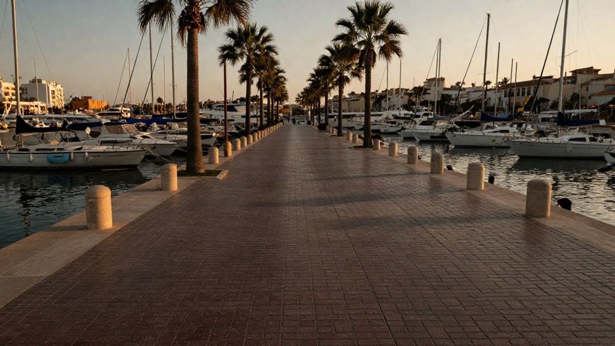 Illustrative image: Mediterranean waterfront promenade at sunset with lines converging towards moored boats