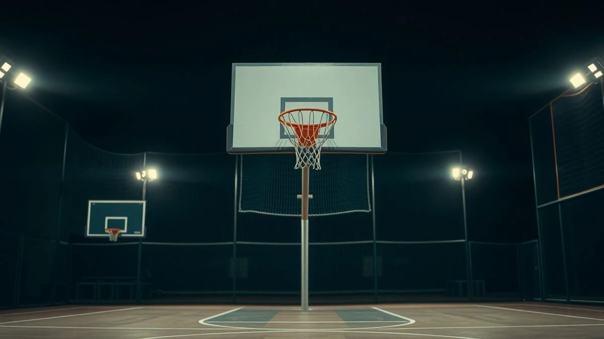 Empty basketball court with night lighting and a ball on the floor, viewed from a low angle.