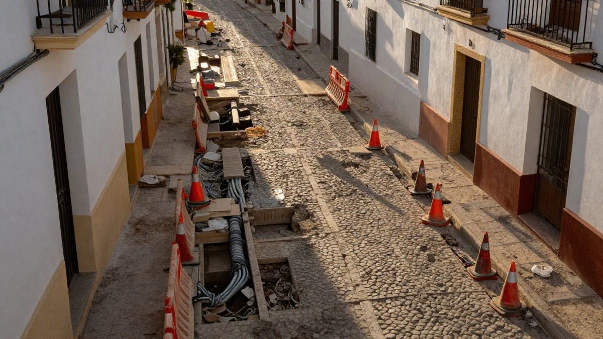 Imagen ilustrativa: vista cenital de una calle estrecha en obras con conos y zanjas abiertas