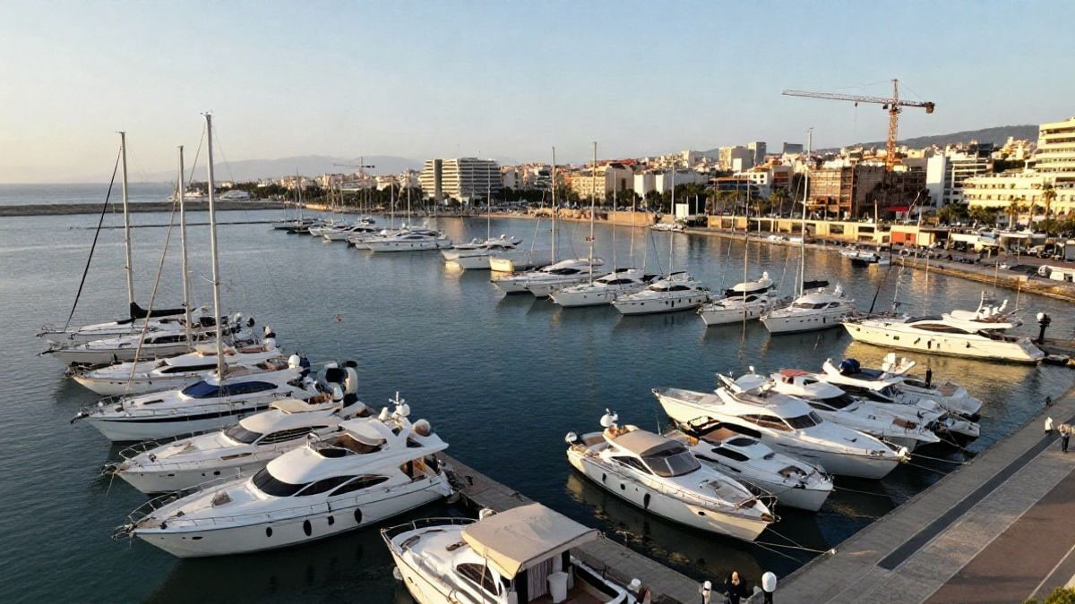 Imagen ilustrativa: vista aérea de un puerto deportivo mediterráneo al atardecer, con embarcaciones y grúas de construcción en la zona de ampliación.