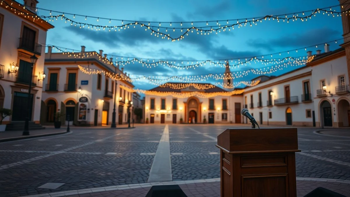 Imagen ilustrativa: plaza de pueblo vacía al atardecer con luces de feria y un atril con micrófono