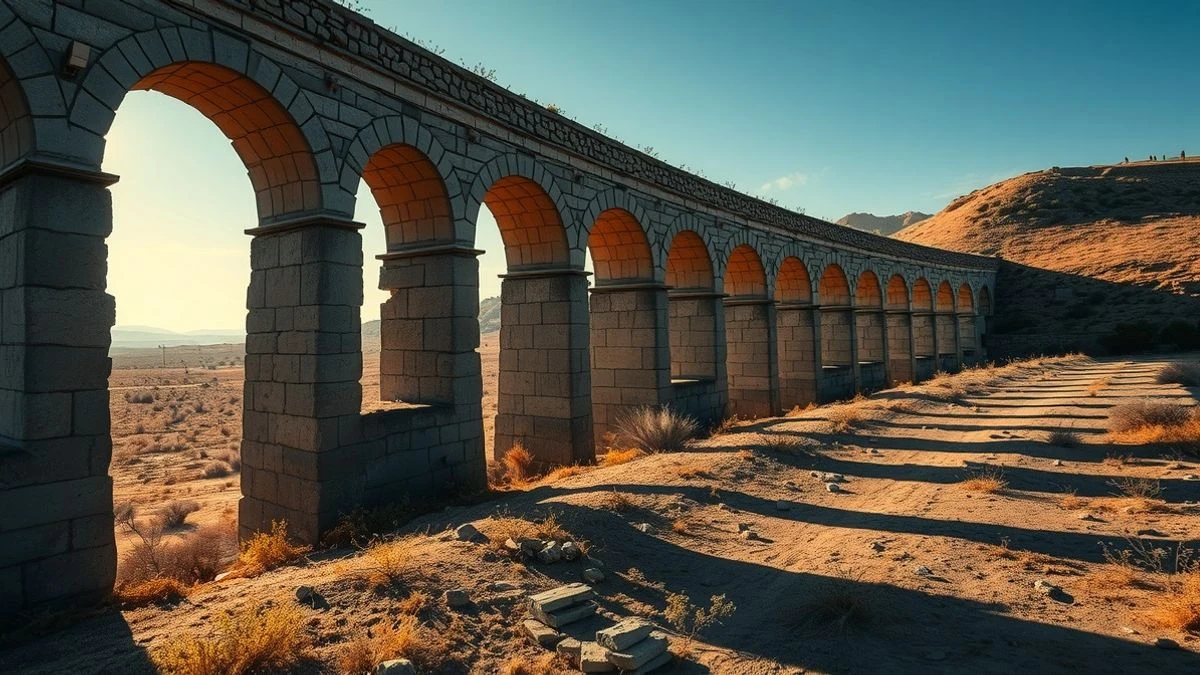 Acueducto de piedra con arcos en un paisaje rural, parcialmente cubierto de vegetación, con ladrillos desprendidos