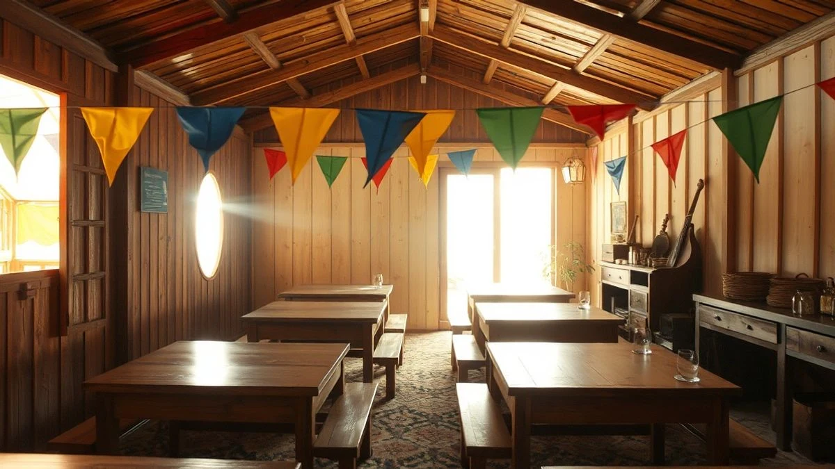 Imagen ilustrativa: interior de una caseta de feria vacía con mesas de madera y luz lateral de ventana