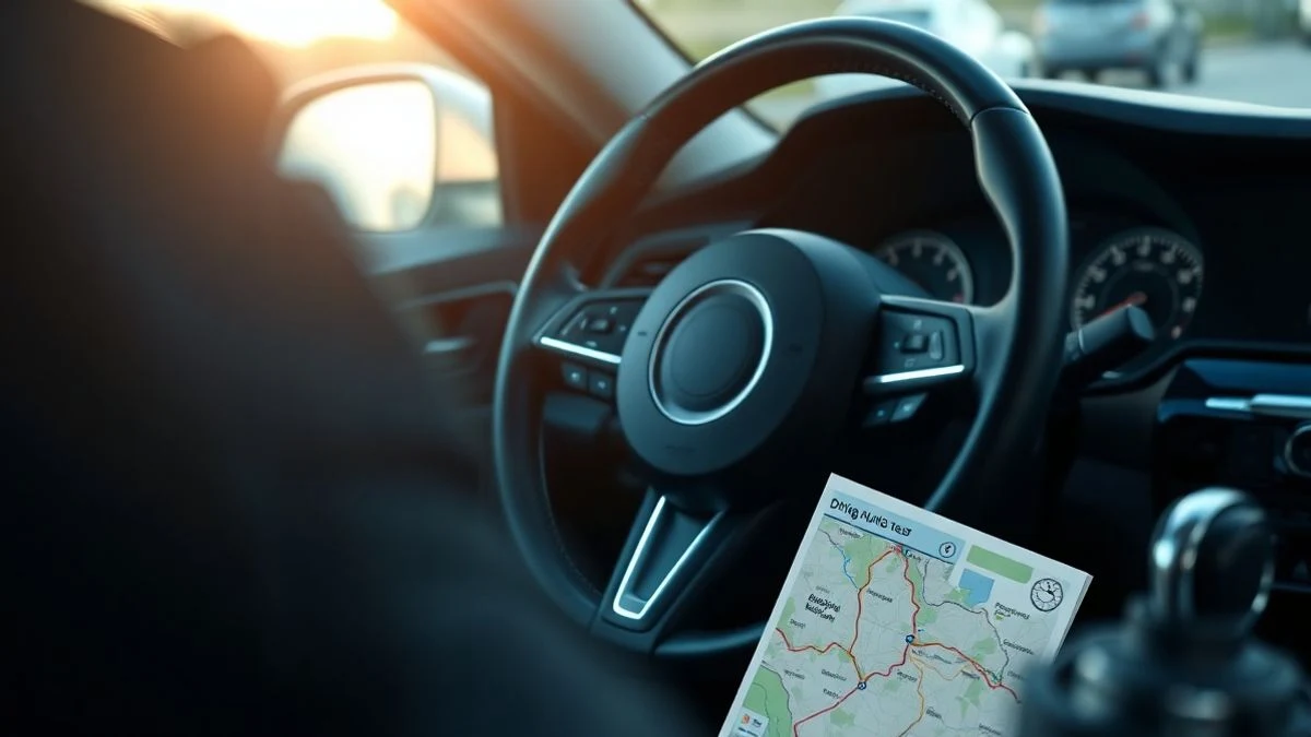 Car steering wheel with a driving test route map on the passenger seat