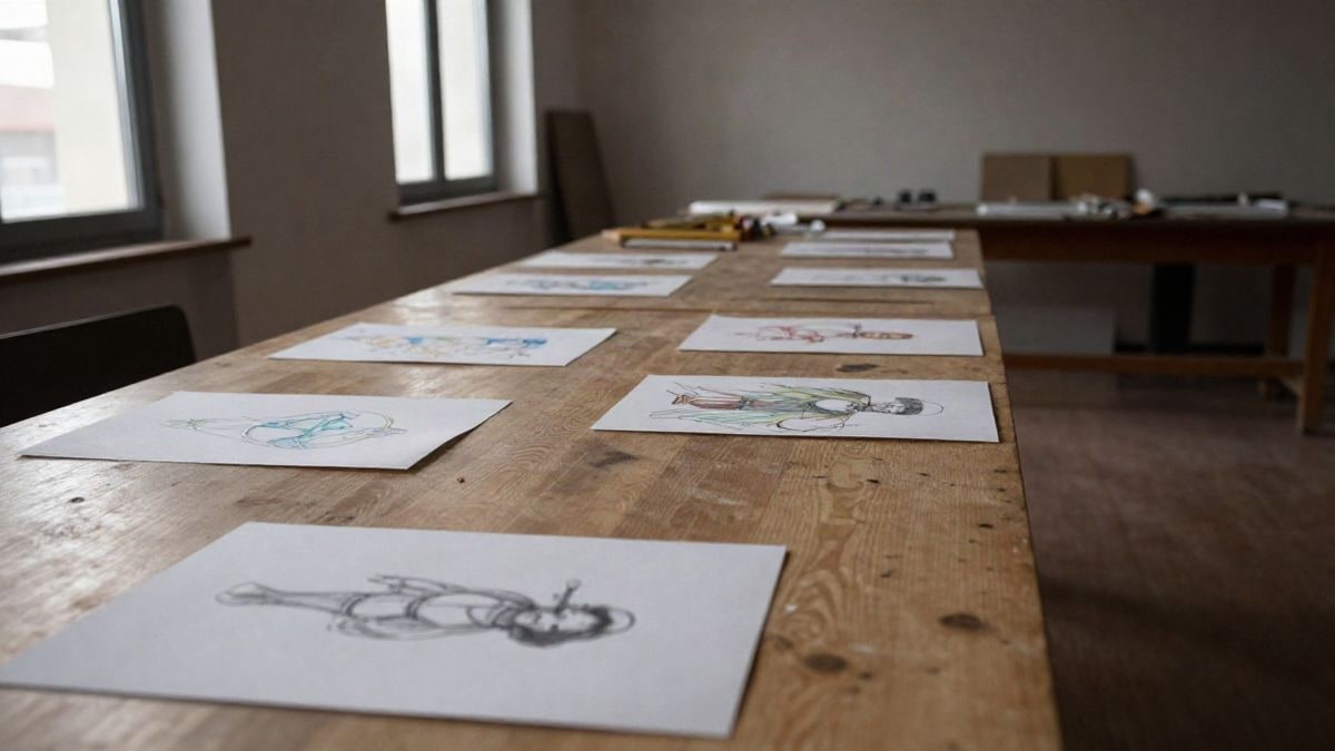 Illustrative image: empty art studio with drawing materials on a wooden table and natural light coming through the window