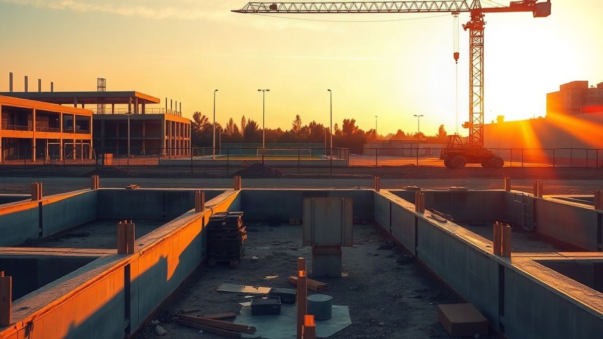 Imagen ilustrativa: obra en construcción con grúa y campo de fútbol al fondo a la luz del atardecer