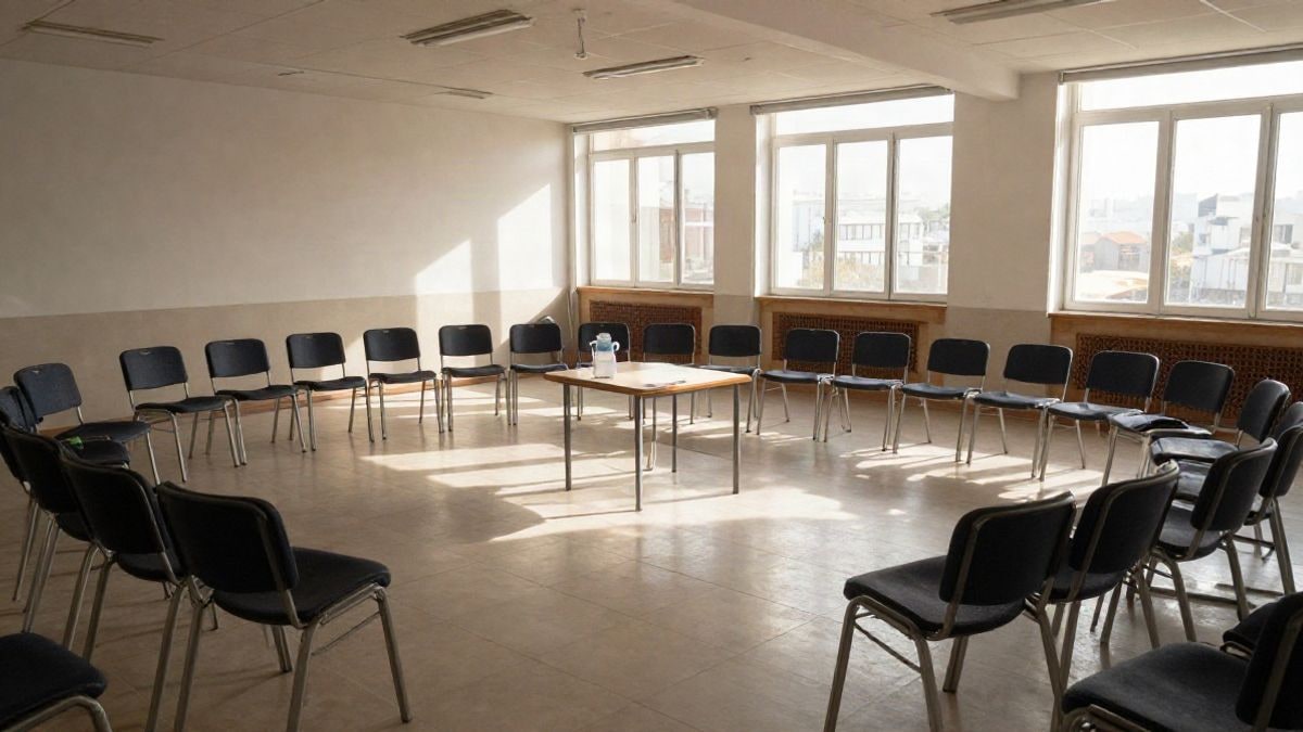 Illustrative image: bright community room with empty chairs arranged in a semicircle and natural light coming through the windows
