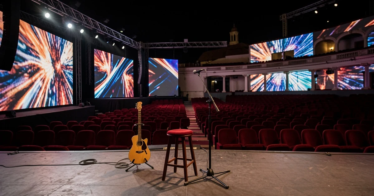 Escenario vacío del festival Starlite con micrófono y guitarra en la noche