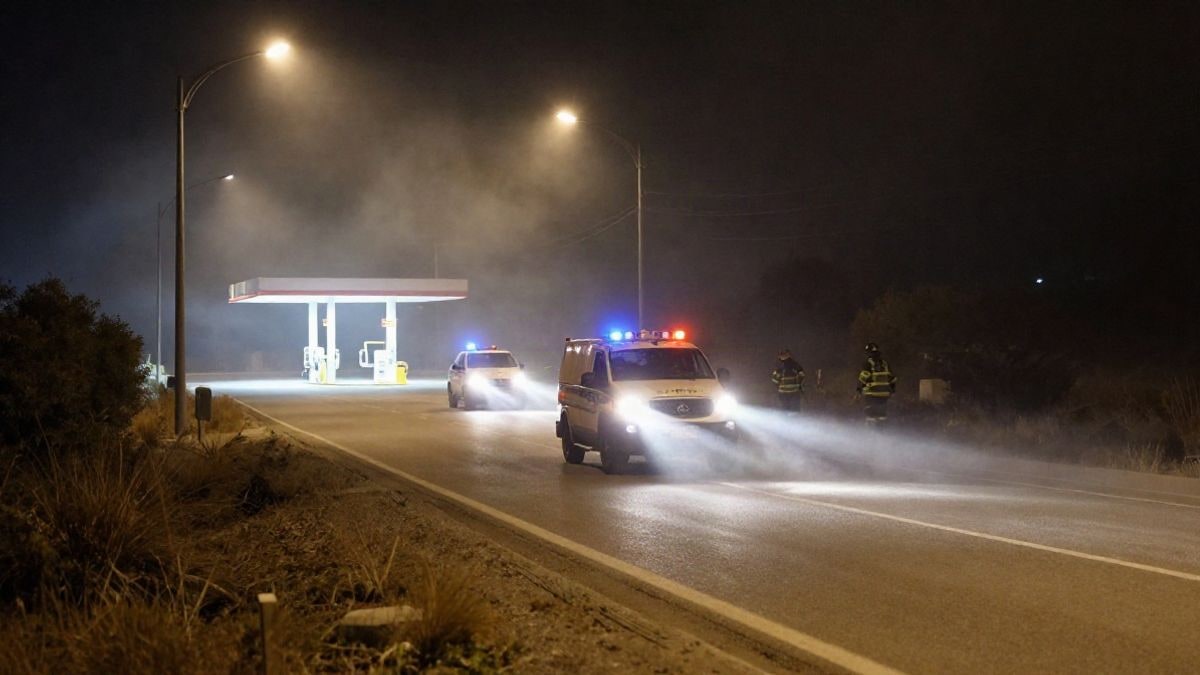Imagen ilustrativa: una carretera rural de noche iluminada por farolas y focos de emergencia, con humo en el ambiente