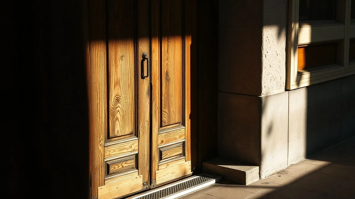 Imagen ilustrativa: detalle de una rampa de acceso junto a una puerta de madera antigua en un edificio histórico.