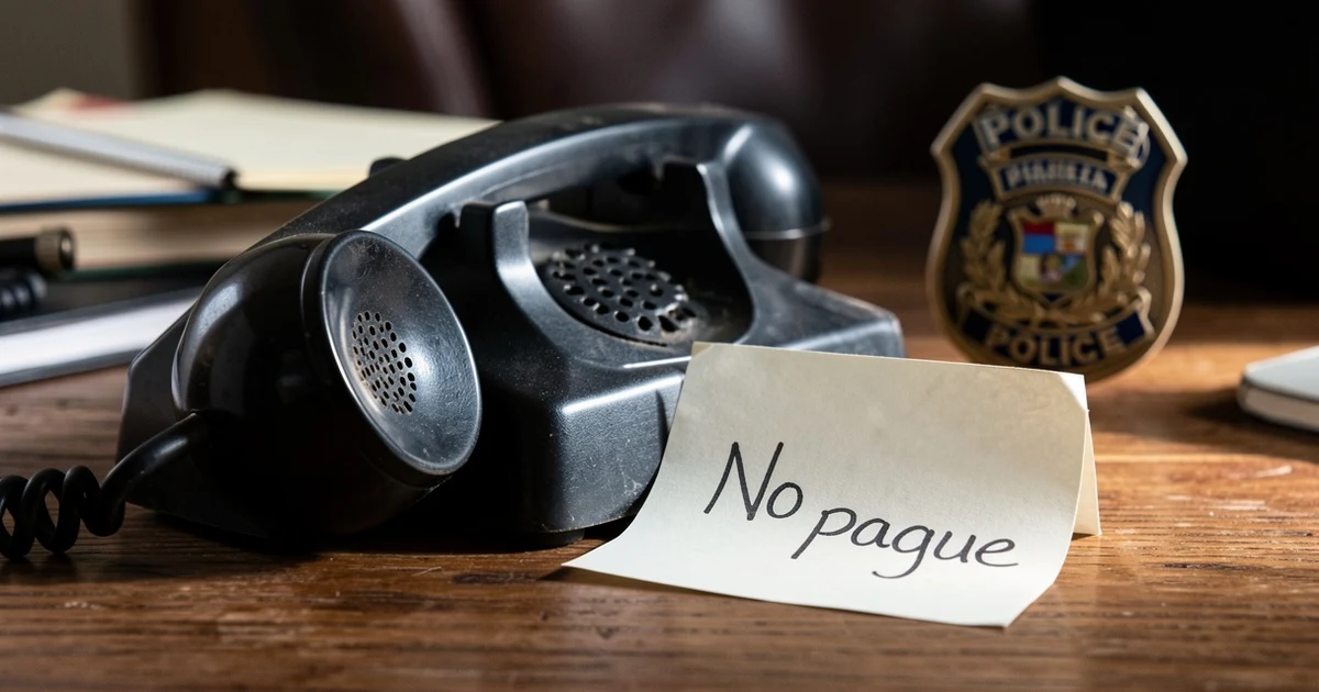Teléfono vintage sobre una mesa de madera con una nota manuscrita y una placa policial desenfocada al fondo