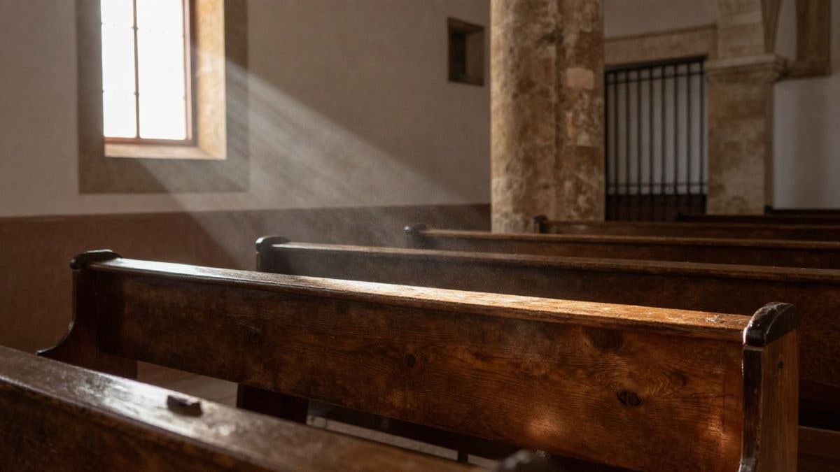 Imagen ilustrativa: interior de una iglesia de pueblo con luz lateral de ventana sobre un banco de madera