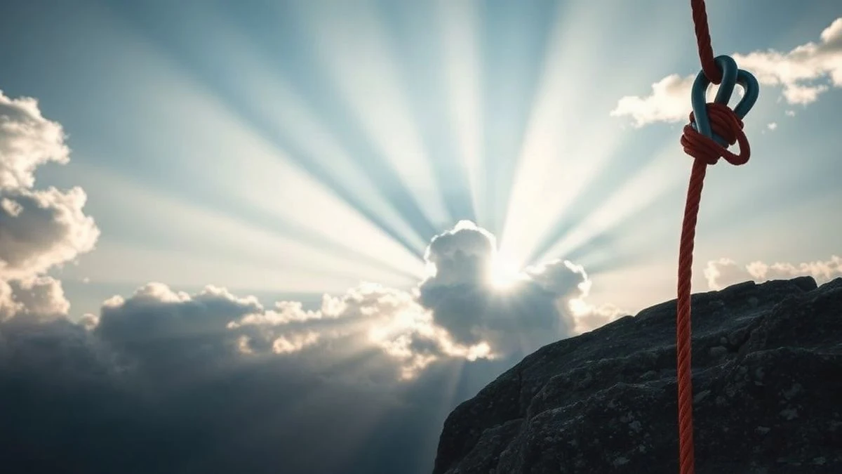Imagen ilustrativa: acantilado rocoso con una cuerda de escalada colgando, bajo un cielo dramático con rayos de sol.