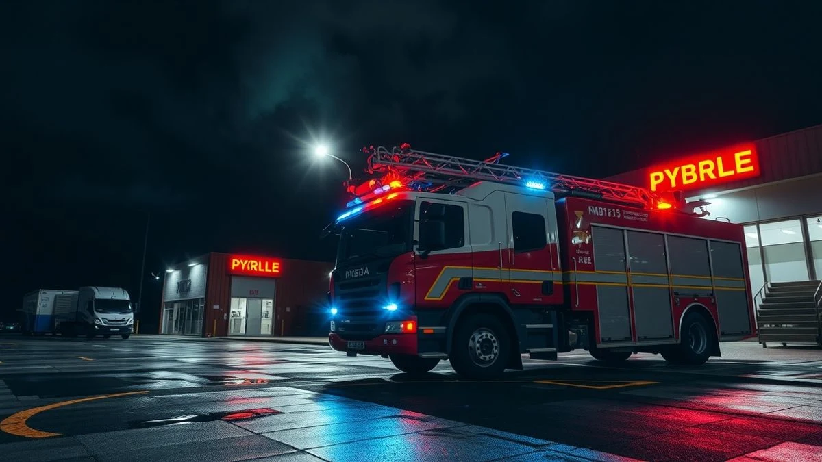 Illustrative image: a fire truck parked at a fire station at night, with reflective lights and a dramatic sky in the background.