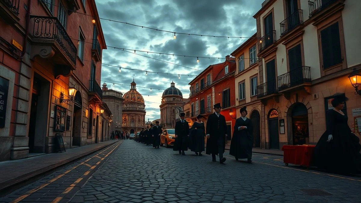 Imagen ilustrativa: calle histórica engalanada con luces al atardecer, con figuras de época de lejos