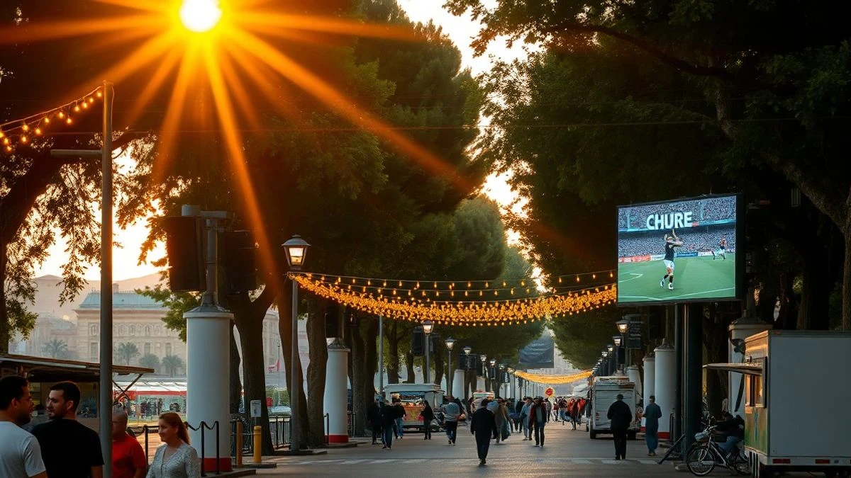 View of Antequera's Paseo Real during the Family Days Festival, with food trucks and a giant screen in the background