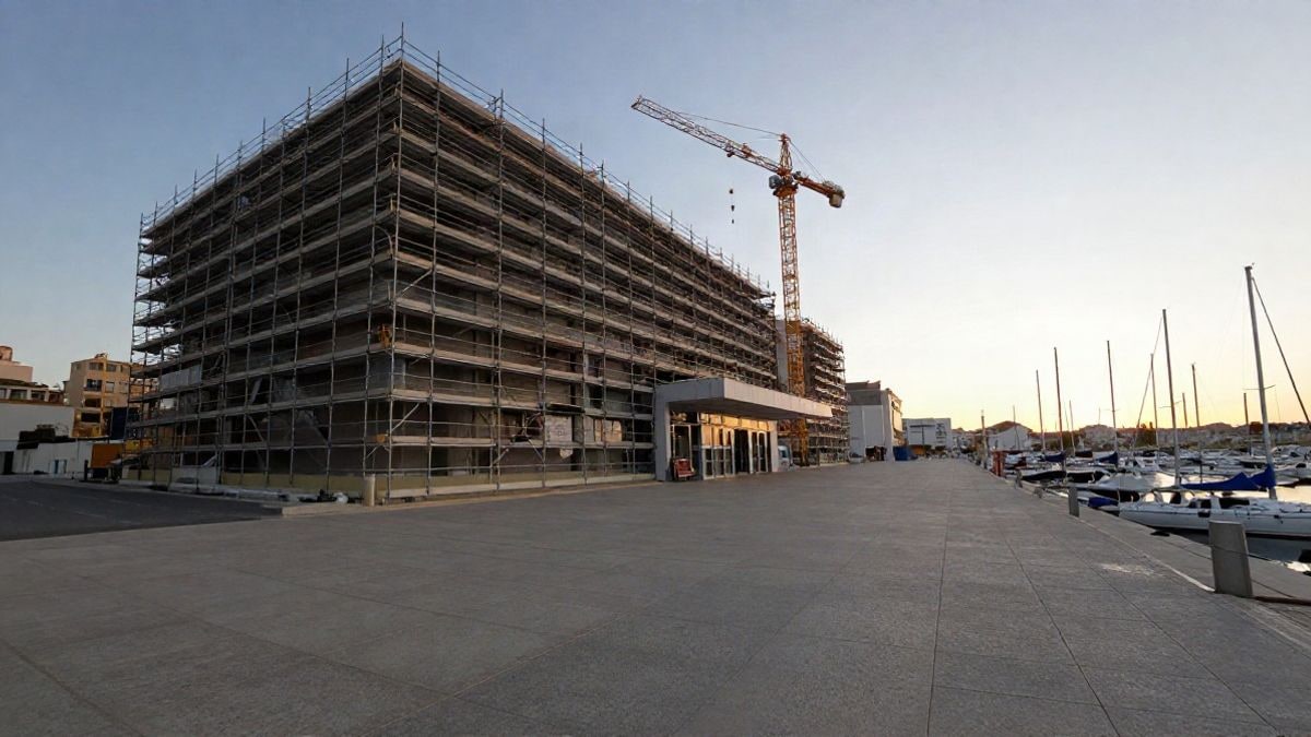Imagen ilustrativa: edificio portuario en obras con andamios y grúa en un puerto mediterráneo